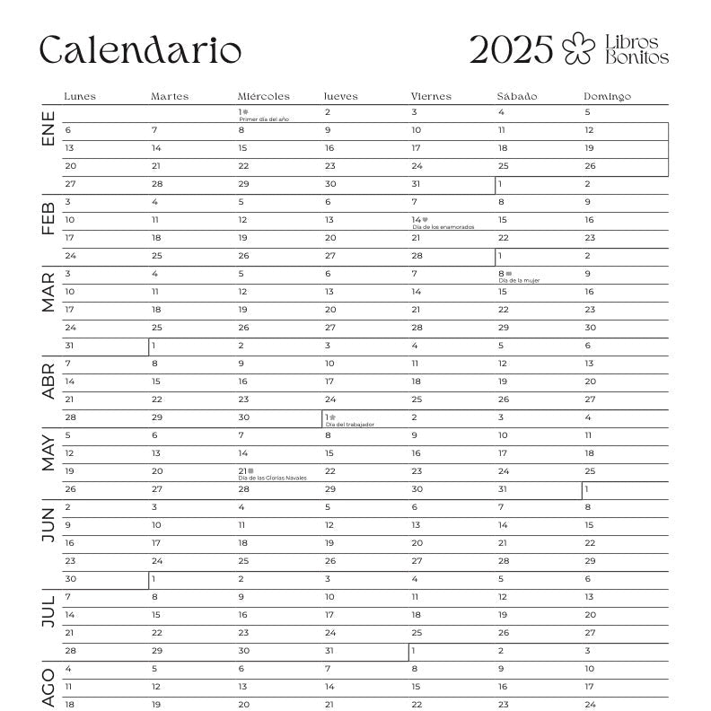 Calendario anual 2025 - Libros Bonitos