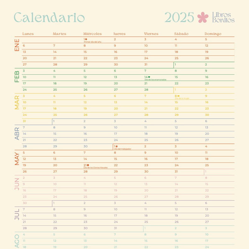 Calendario anual 2025 - Libros Bonitos